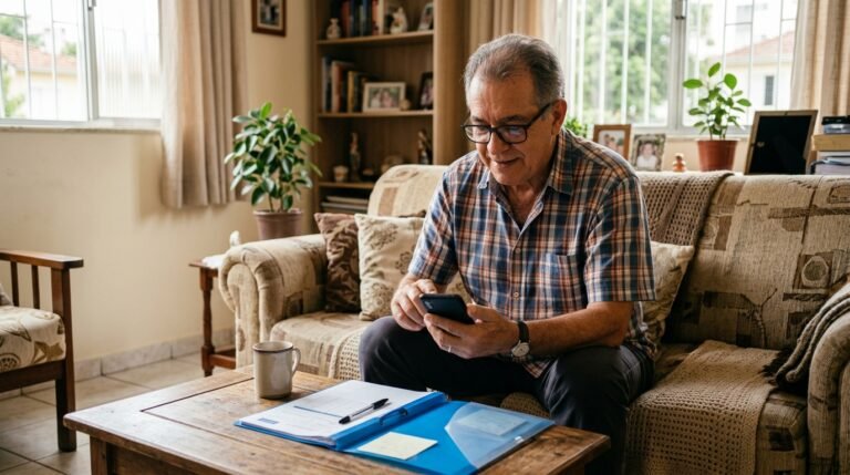 Pessoa atualizando o Cadastro Único pelo aplicativo no celular em casa