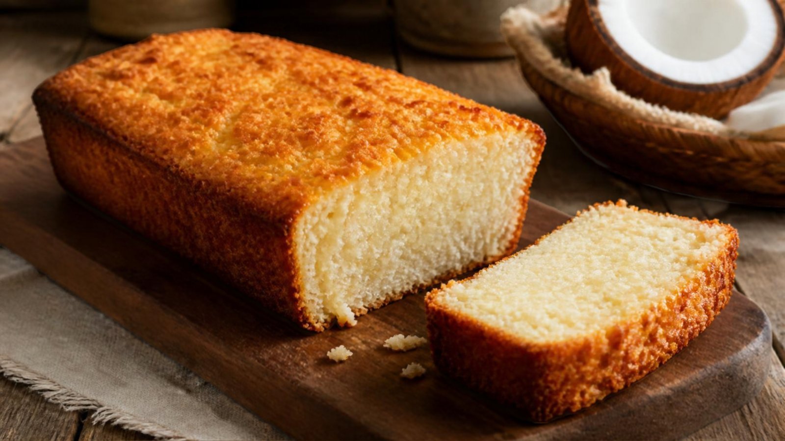 Bolo de tapioca de liquidificador dourado em forma de bolo inglês, com uma fatia cortada mostrando o miolo fofinho