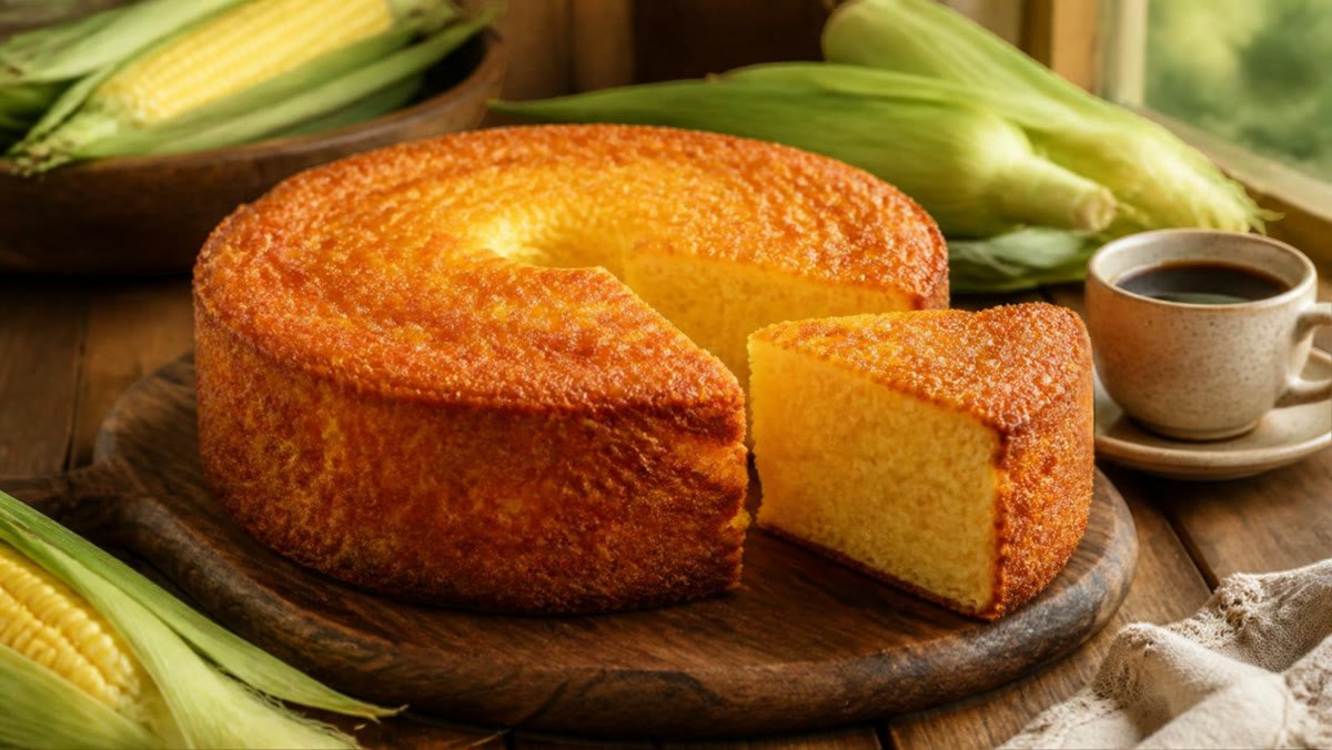 Bolo pamonha de milho em lata dourado, com uma fatia cortada mostrando o miolo cremoso