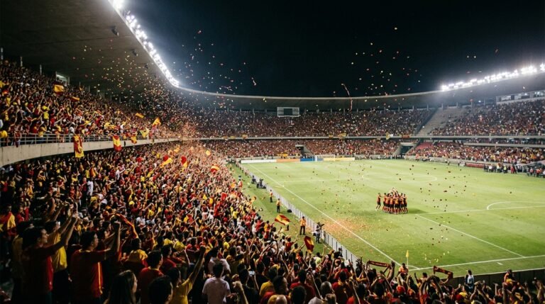 Estádio de futebol lotado à noite durante uma final
