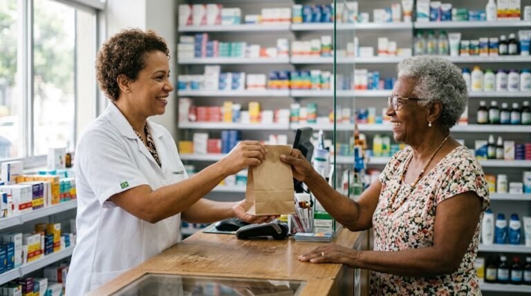 Farmacêutica entregando remédios a uma senhora no balcão da farmácia
