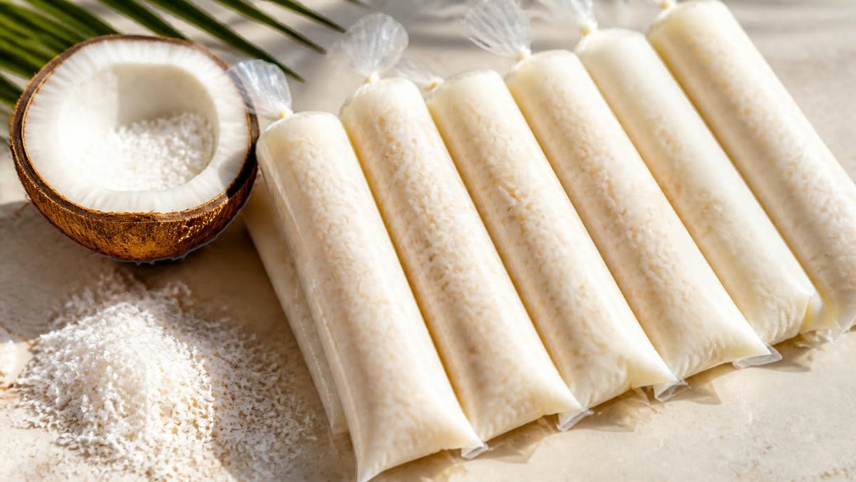 Geladinhos gourmet de coco cremosos em saquinhos, com coco ralado aparente