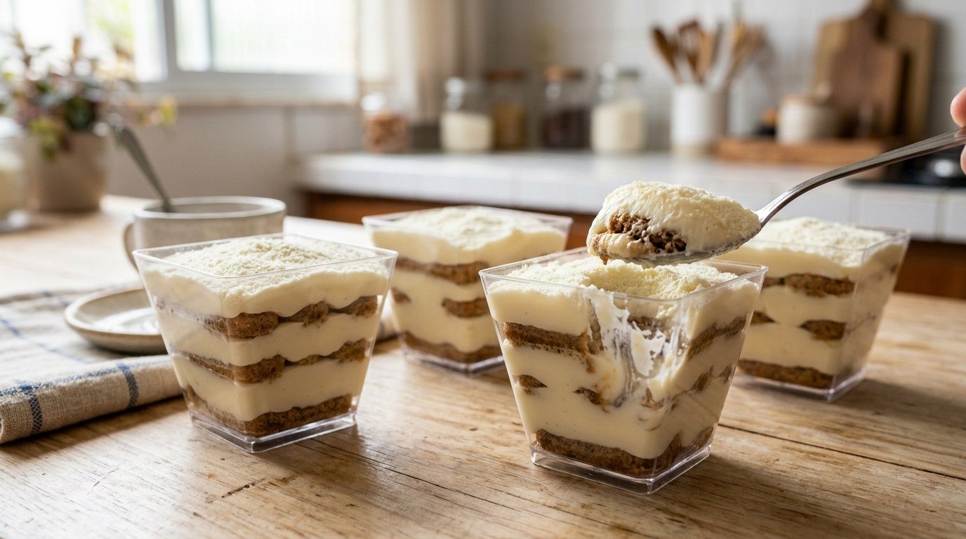 Potes de pavê de leite Ninho com camadas de creme e biscoito maisena, cobertos de leite em pó