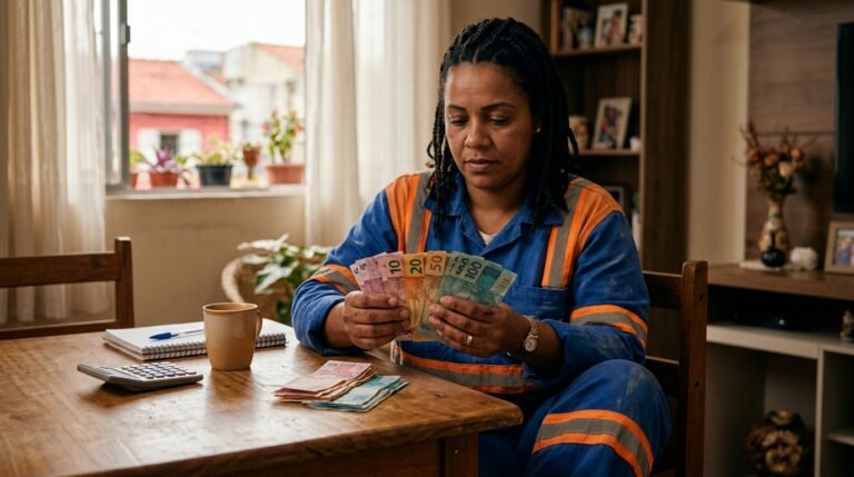Carteira com notas de real e calculadora sobre a mesa
