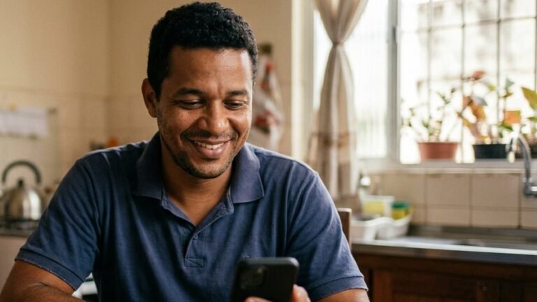 Trabalhador conferindo o saque-aniversário no aplicativo FGTS pelo celular