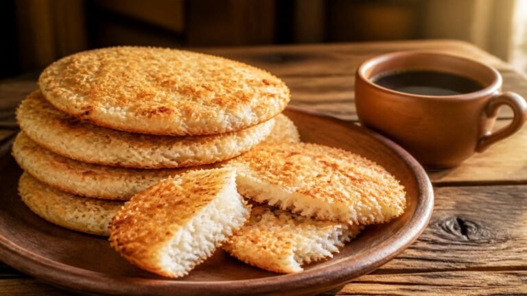 Saroios nordestinos de tapioca com coco dourados, um partido mostrando o interior branco e fofinho
