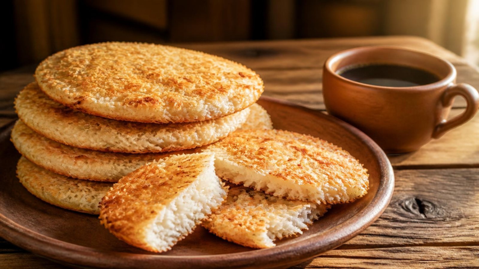 Saroios nordestinos de tapioca com coco dourados, um partido mostrando o interior branco e fofinho